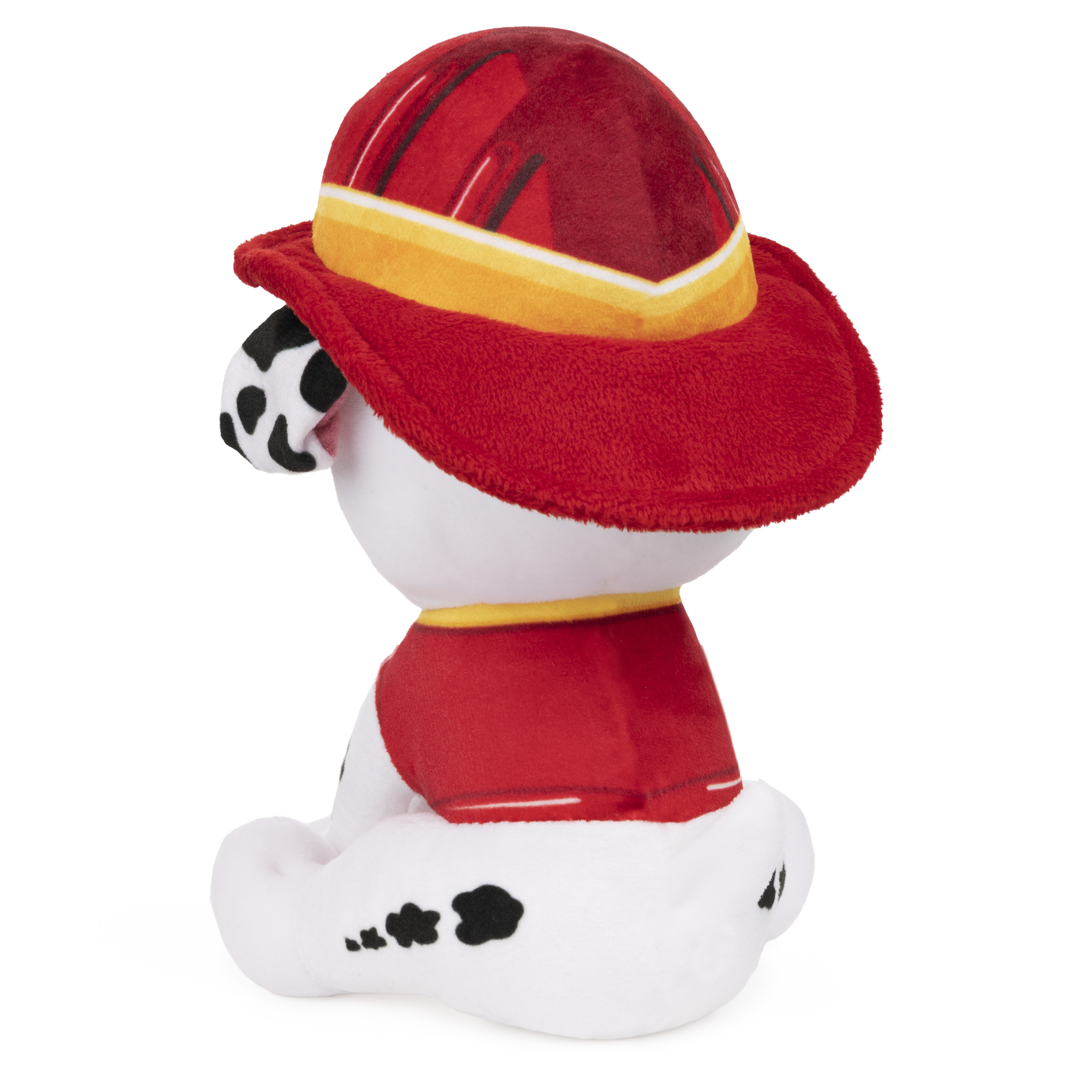 Ein Stofftier eines Dalmatinerhundes mit rotem Feuerwehrhut und -weste. Der Hund ist weiß mit schwarzen Flecken.