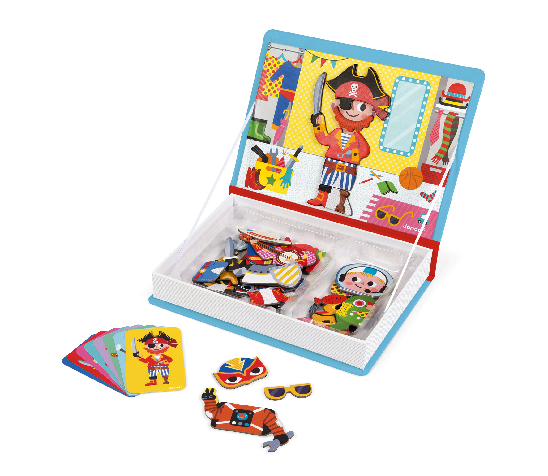 Un set di giocattoli per bambini. Contiene un pirata, un astronauta e altri pezzi di costume, all'interno di una scatola. Le carte sono sul lato.