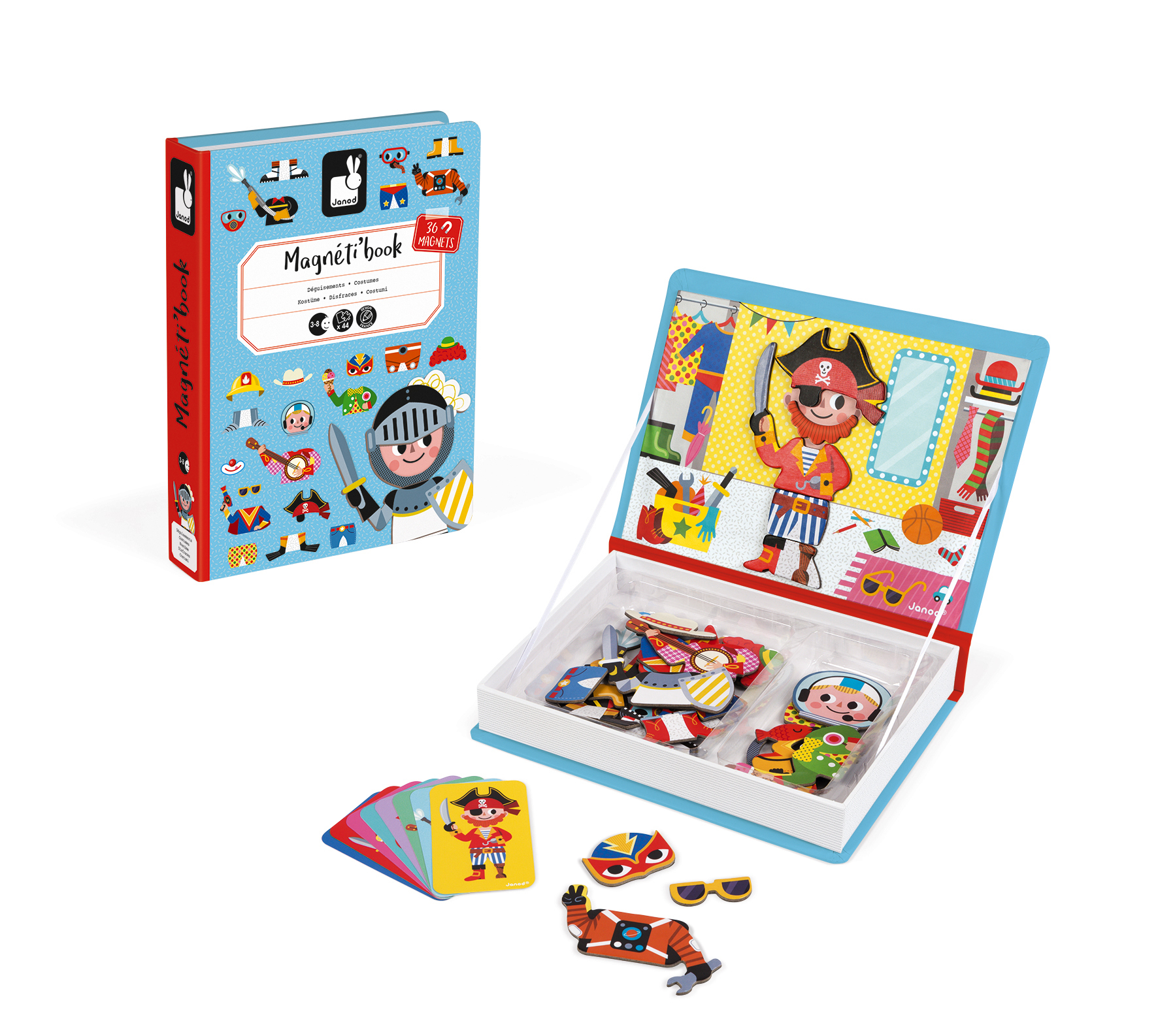 Un libro magnetico con costumi. Mostra un pirata e altri pezzi di costume, insieme a un cavaliere.