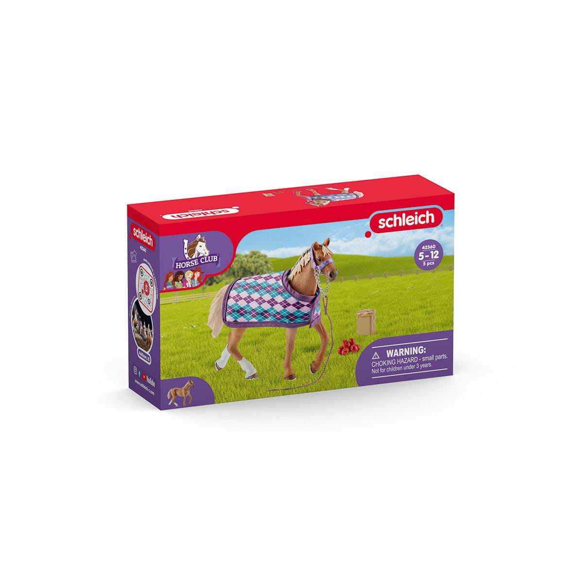 Ein Schleich Horse Club Spielzeugset in einer Box. Ein Spielzeugpferd mit Decke steht vor einer grünen Wiese. Die Box ist rot.