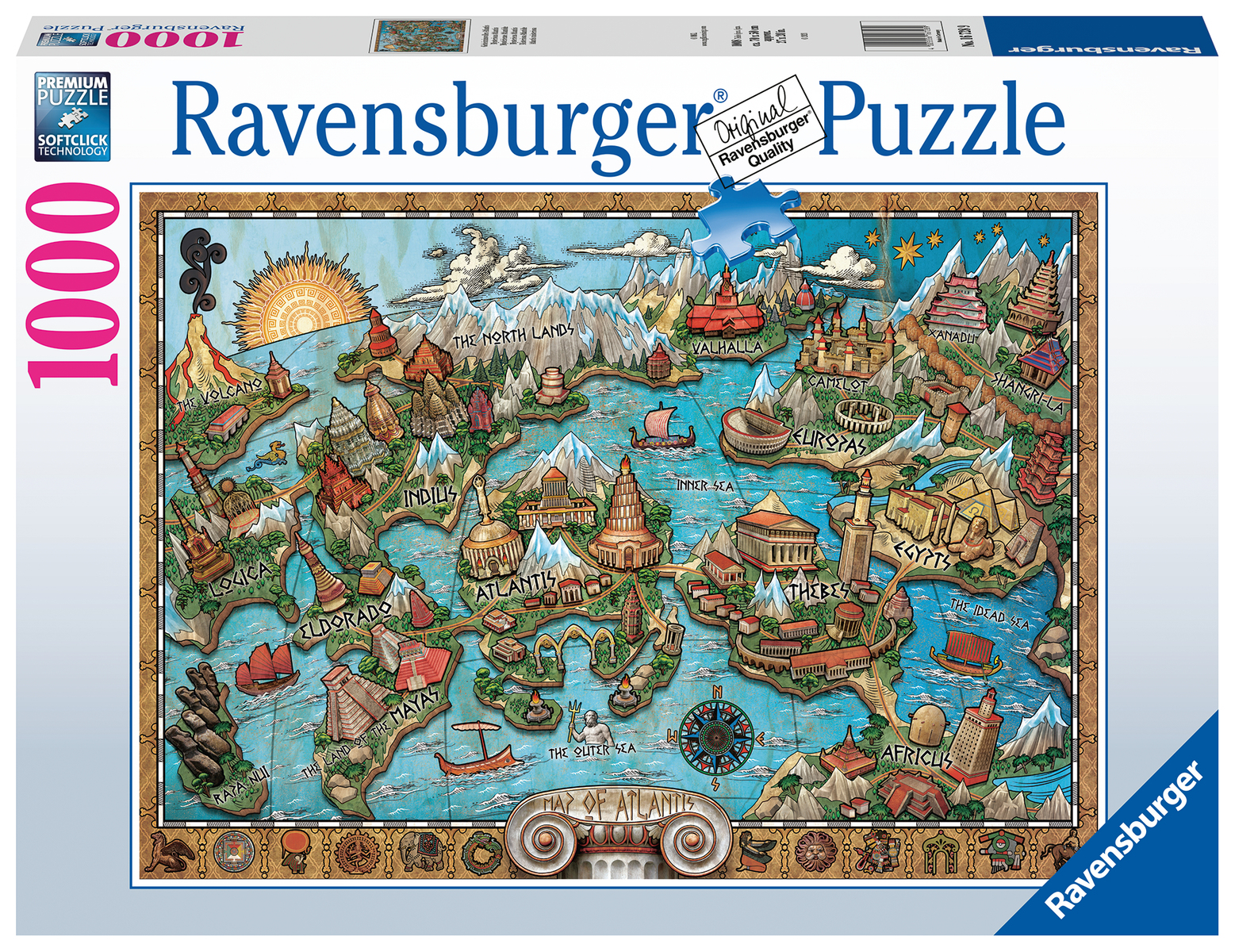 Una caja de rompecabezas Ravensburger muestra un mapa de la Atlántida, con ilustraciones detalladas de varios lugares históricos y míticos.