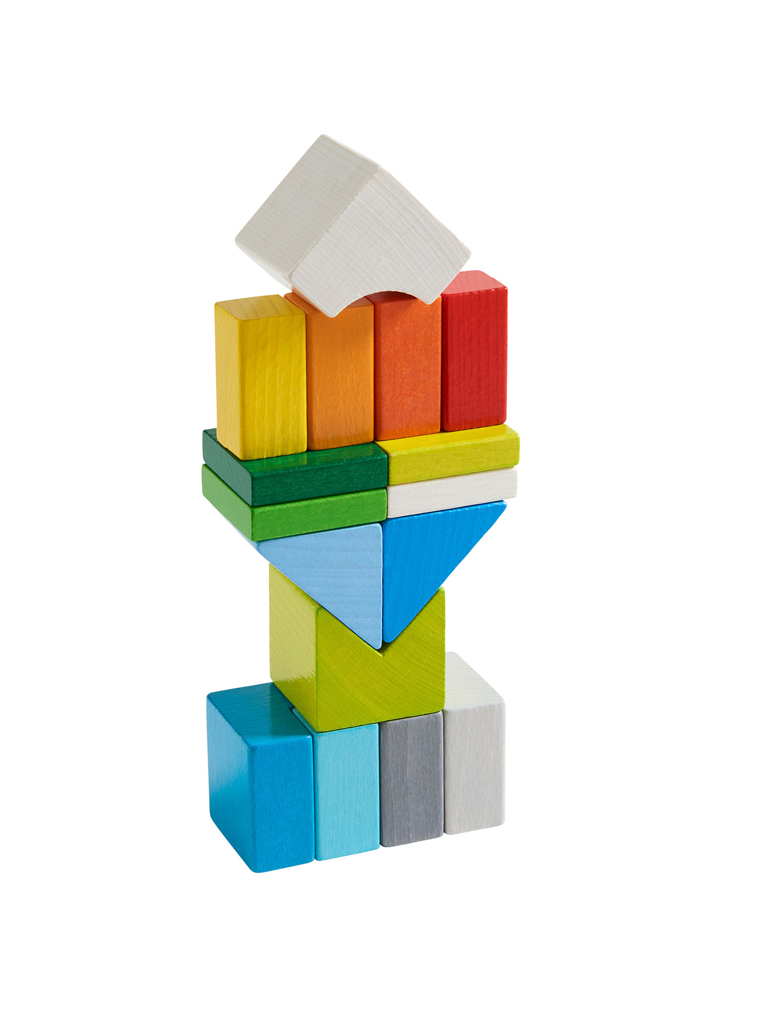 Ein Turm aus bunten Holzblöcken. Farben sind Gelb, Orange, Rot, Grün, Blau und Grau. Ein weißer Block sitzt oben.