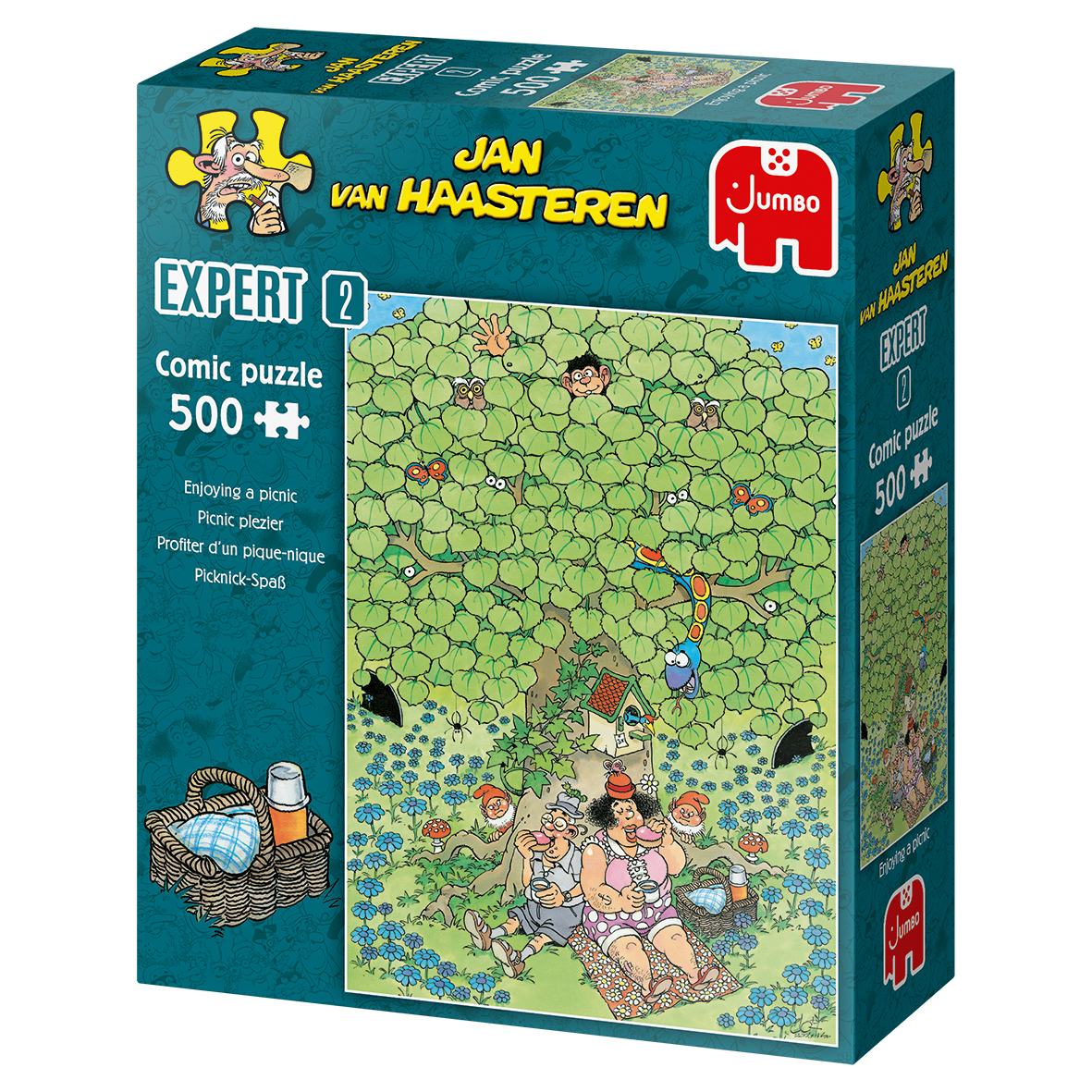 Puzzelbox met een cartoonafbeelding. Een picknickscène met mensen, kabouters en een grote boom met verborgen gezichten.