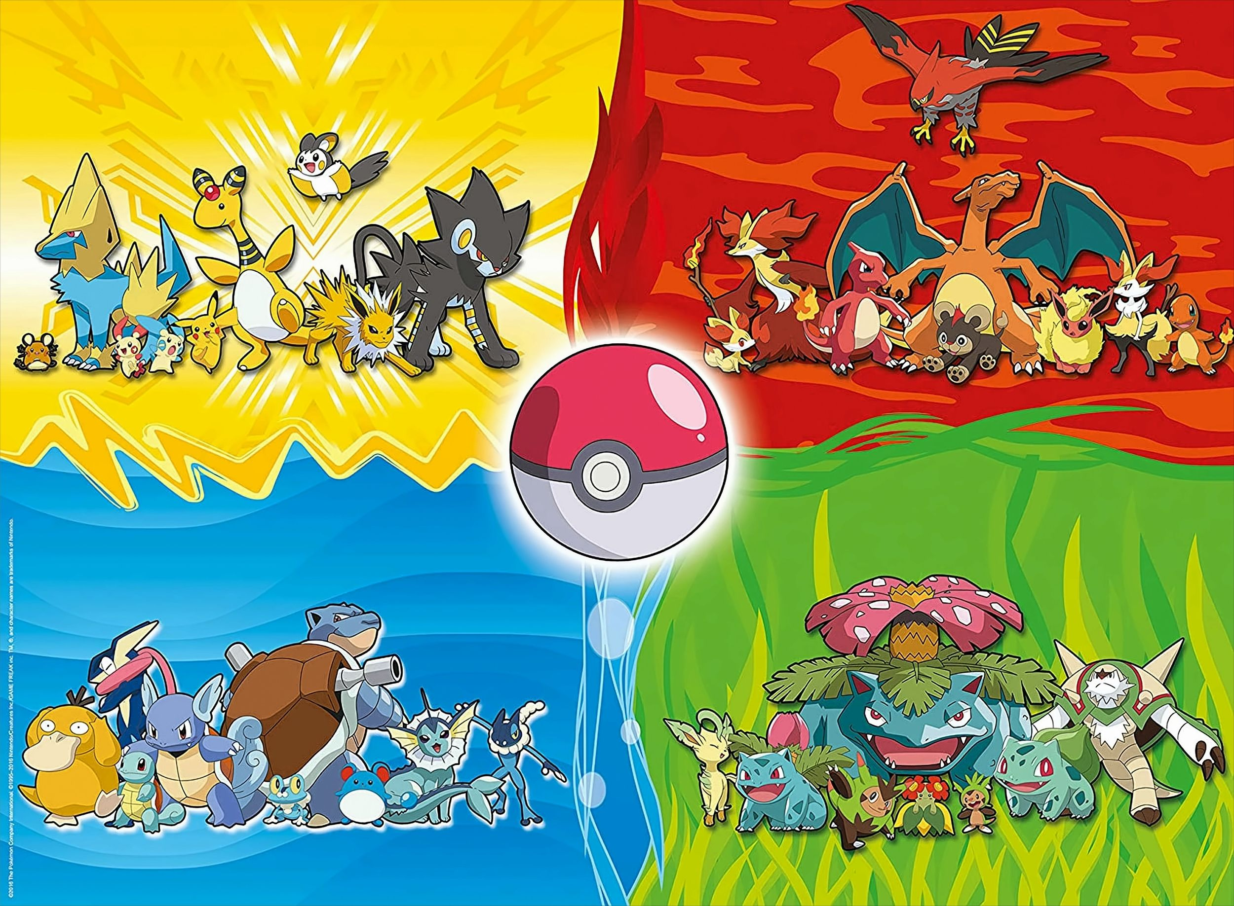 Une affiche avec des personnages Pokémon, divisée en quatre quadrants. Un Poké Ball au centre.