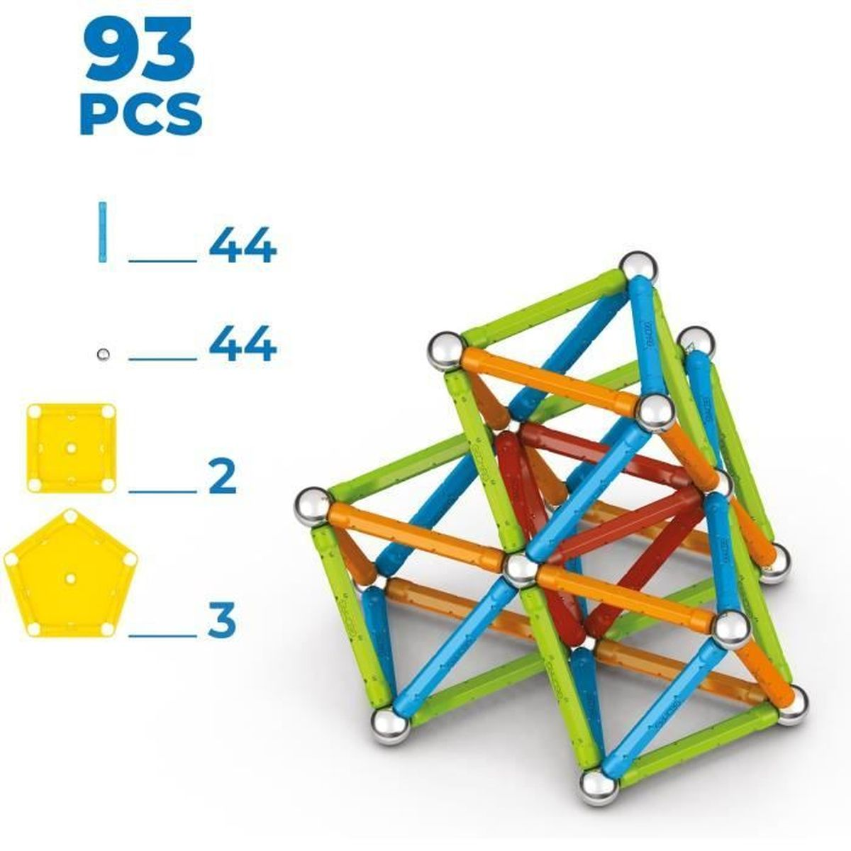 Un colorato set di costruzioni magnetiche. Include barre verdi, blu, arancioni e rosse e connettori argentati. Numeri e forme a sinistra.