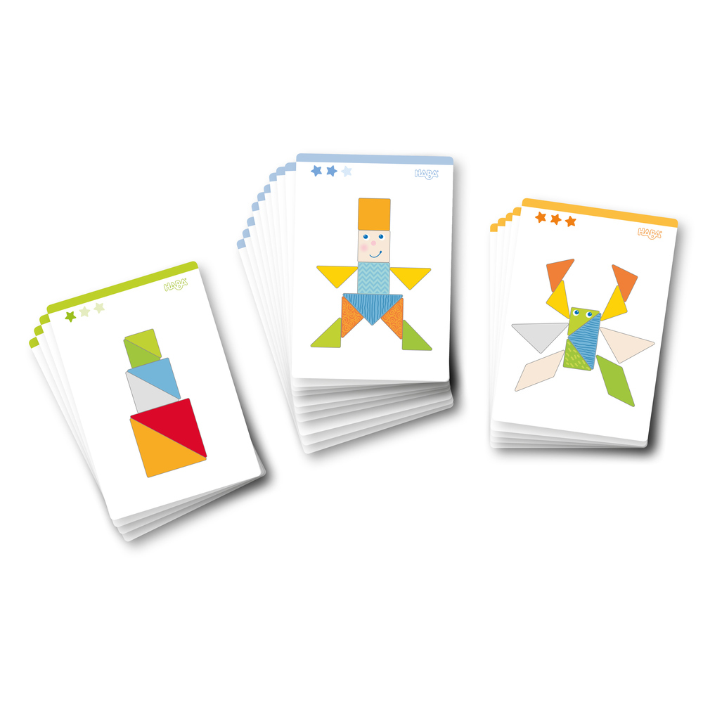 Tres pilas de cartas con formas geométricas coloridas. Cada carta muestra una figura diferente, con colores azul, verde, naranja y blanco.