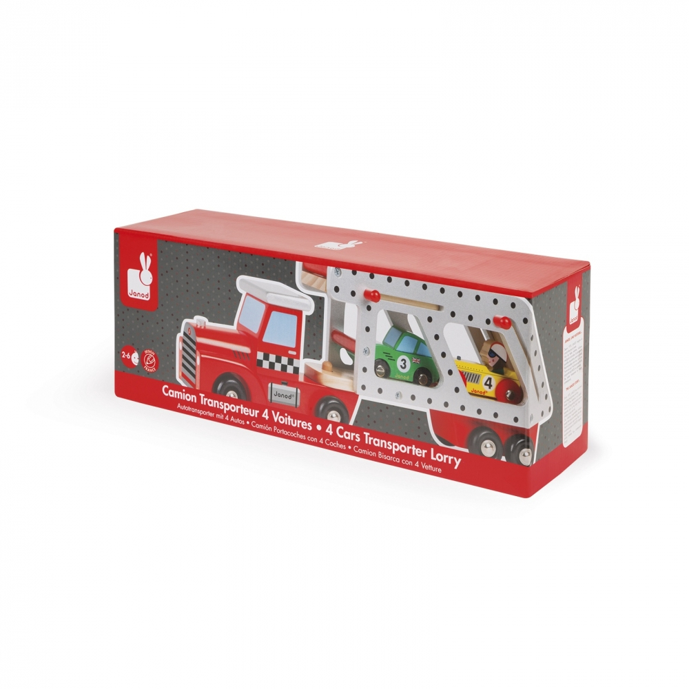 Czerwone pudełko do transportu zabawek z czerwoną ciężarówką, przewożące trzy małe, kolorowe zabawki.