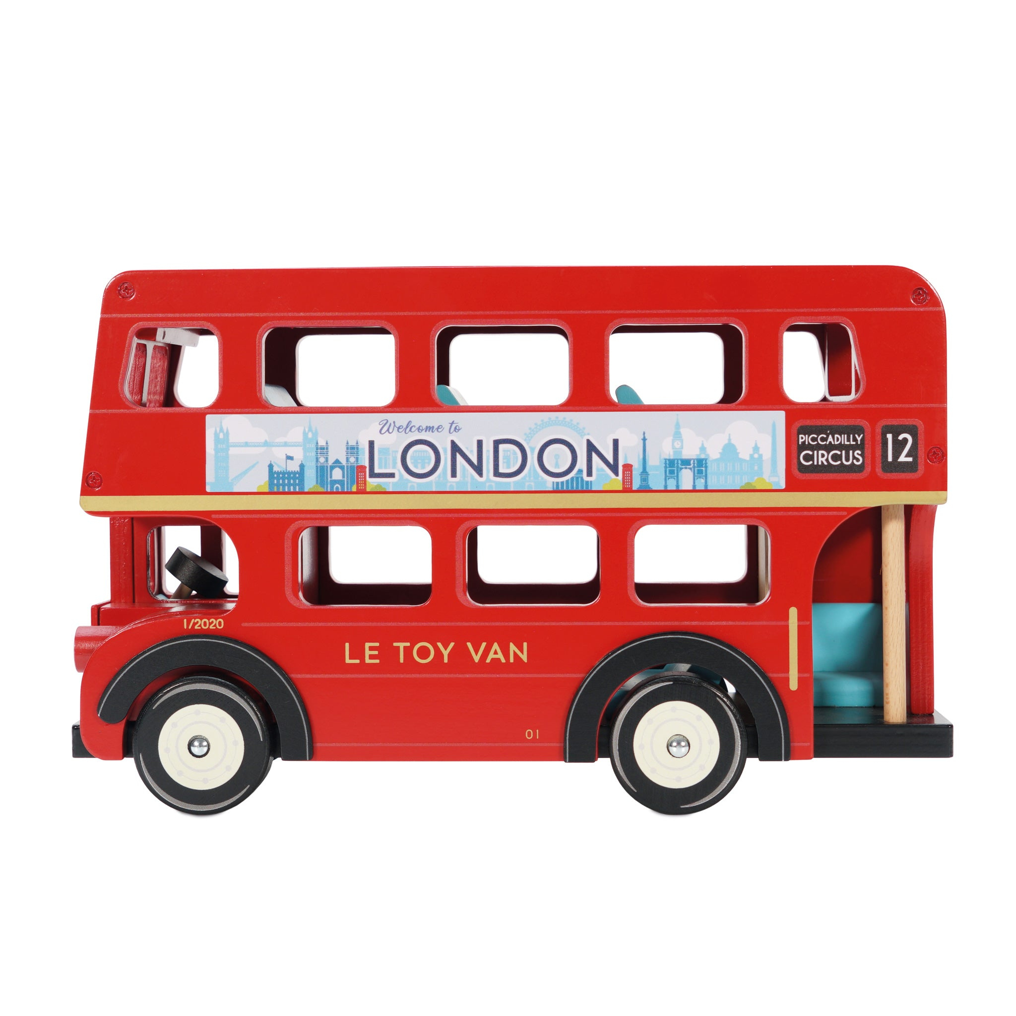 Ein rotes Holzspielzeug eines Doppeldeckerbusses mit schwarzen Rädern. Es trägt die Aufschrift 'Welcome to London' und 'Le Toy Van'.
