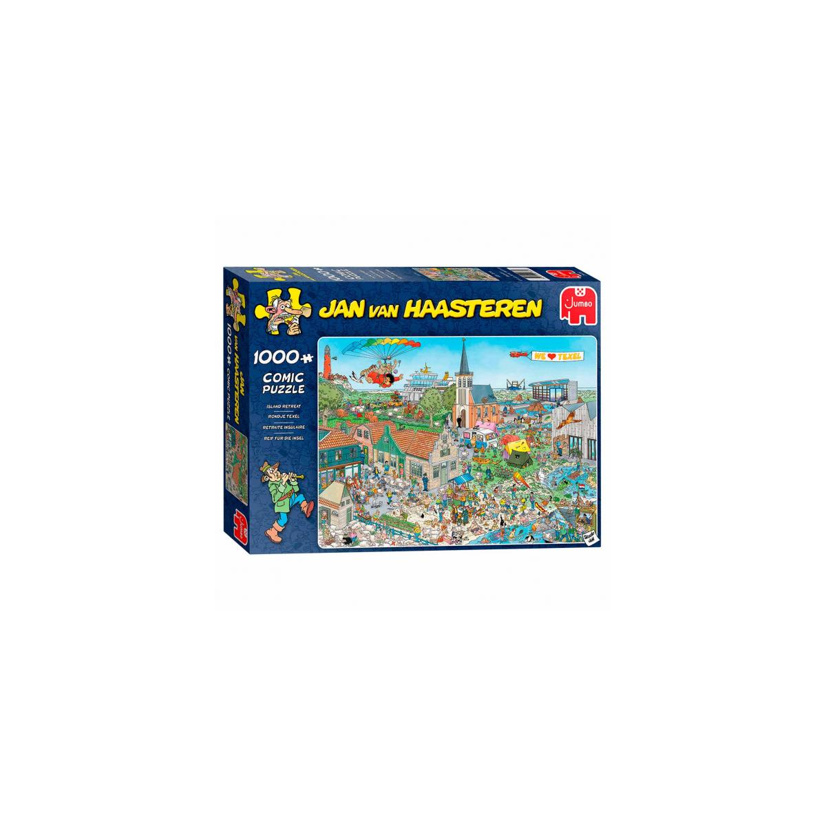 Pudełko z komiksową układanką Jan van Haasteren 1000 elementów. Układanka przedstawia zatłoczoną scenę wyspy z budynkami, ludźmi i kościołem.