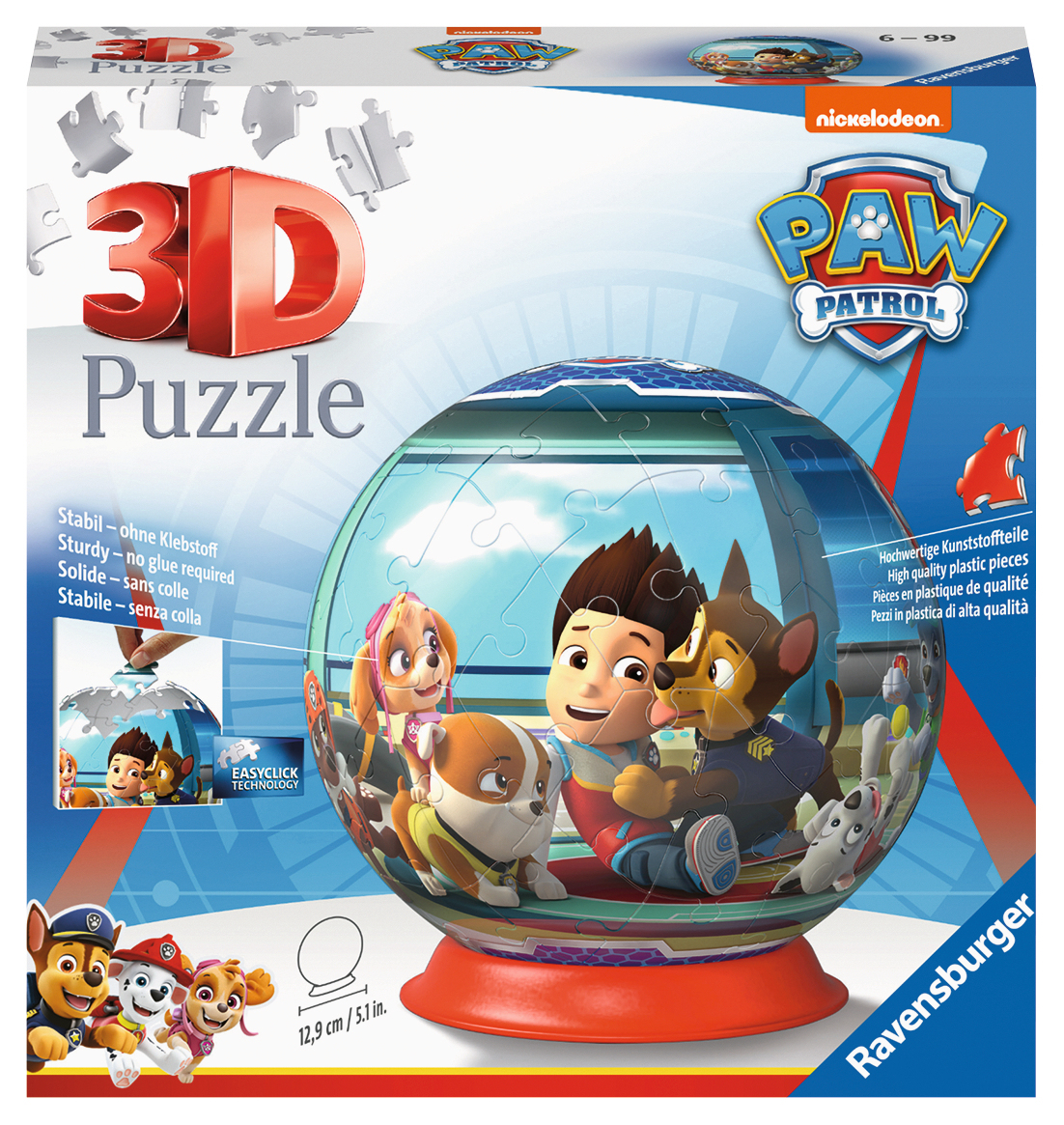 Pudełko z puzzlami 3D Paw Patrol. Zawiera postacie z serialu wewnątrz kuli i logo Paw Patrol.
