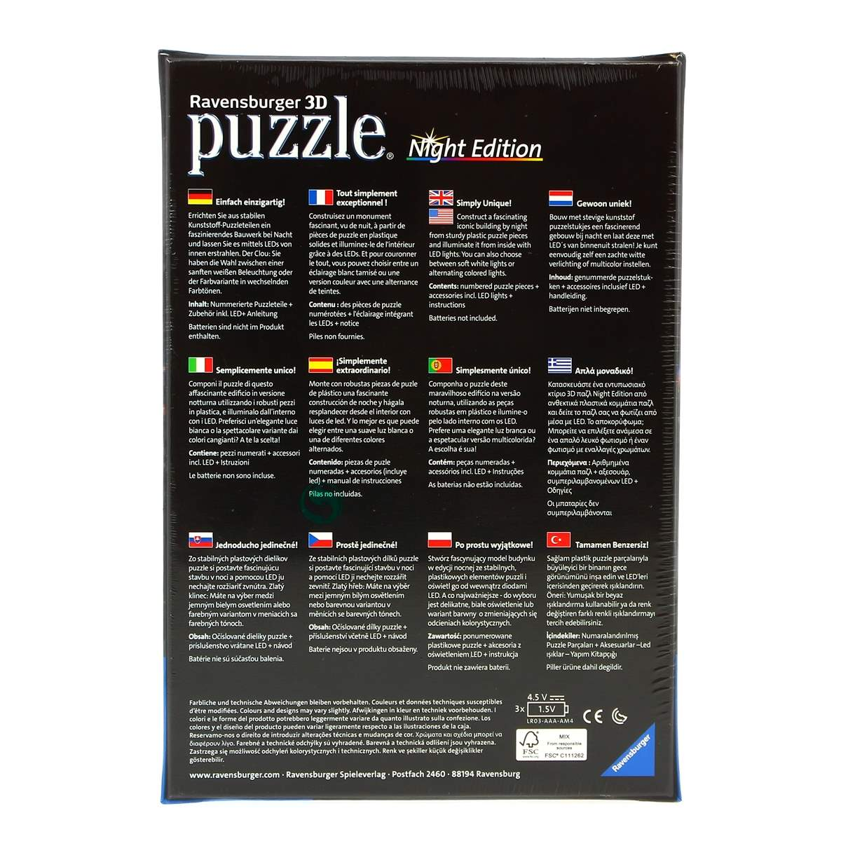 Pudełko z elementami puzzli i światłami LED, Night Edition i logo.