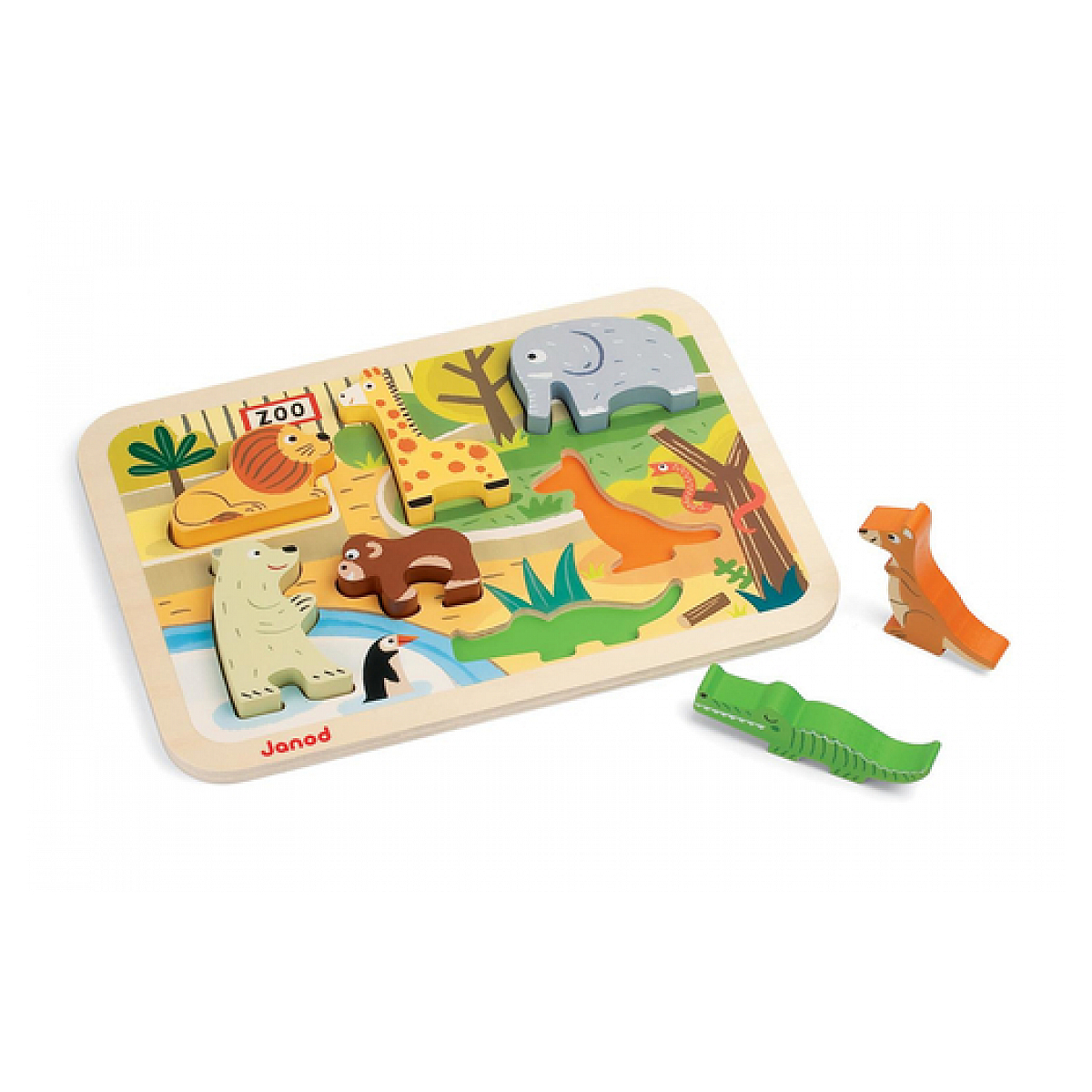 Drewniane puzzle zoo ze zwierzętami takimi jak lew, żyrafa, słoń i krokodyl. Niektóre elementy są osobne.