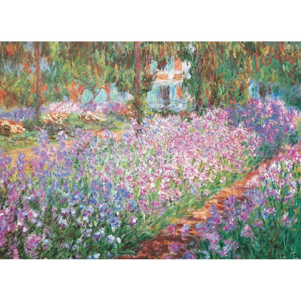 Impressionistisches Gemälde eines Blumengartens mit einem Pfad. Lila und rosa Blumen im Vordergrund, Bäume im Hintergrund.
