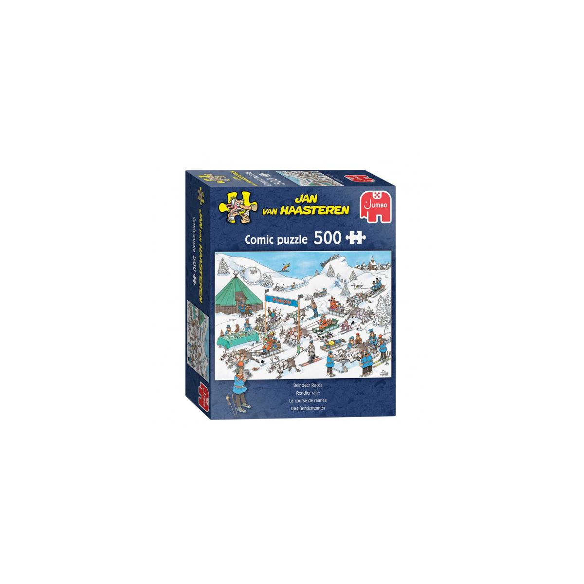 Pudełko z puzzlami przedstawia kreskówkową scenę wyścigu reniferów w zaśnieżonym krajobrazie. Pudełko zawiera tekst w wielu językach.