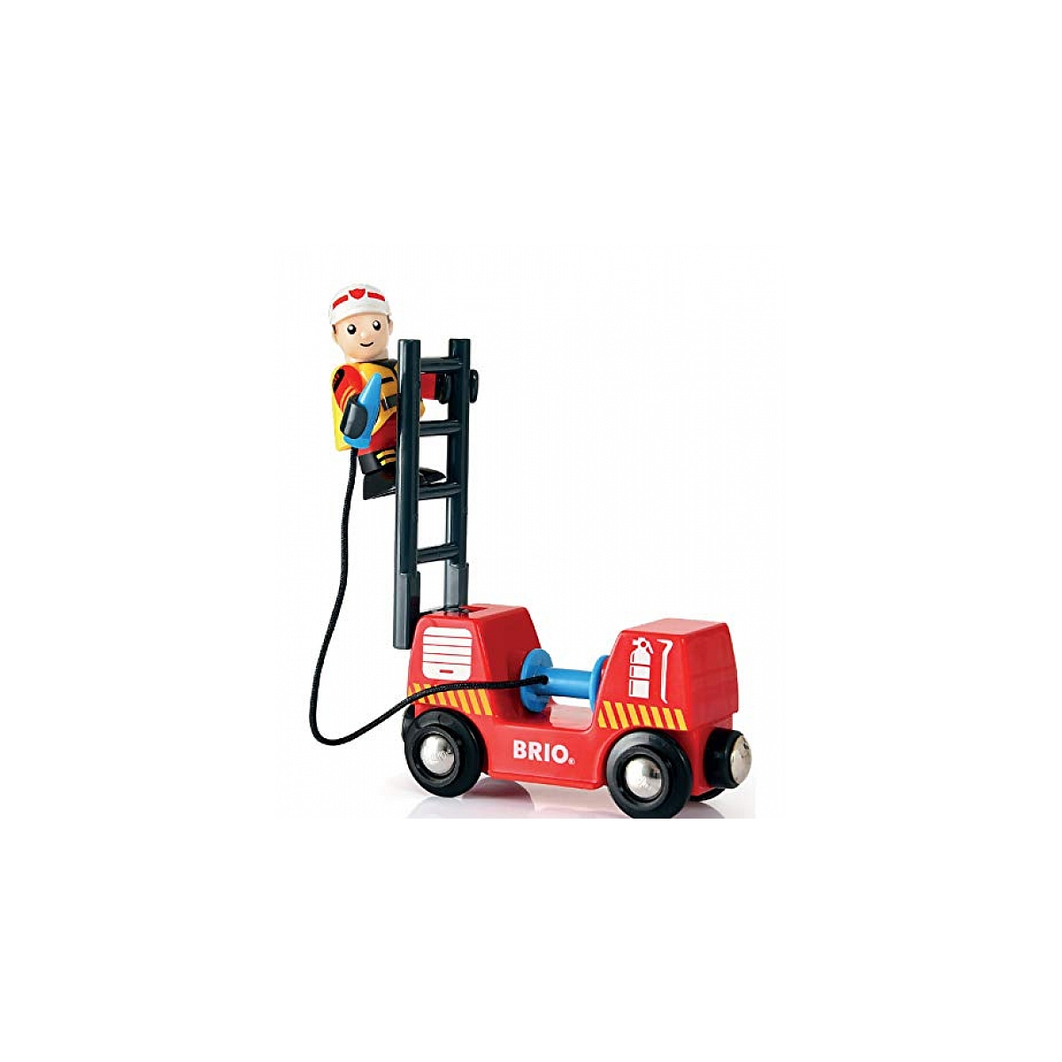 Czerwona zabawka wóz strażacki z drabiną. Strażak wspina się po drabinie. Widoczne czarne koła i niebieski wąż.