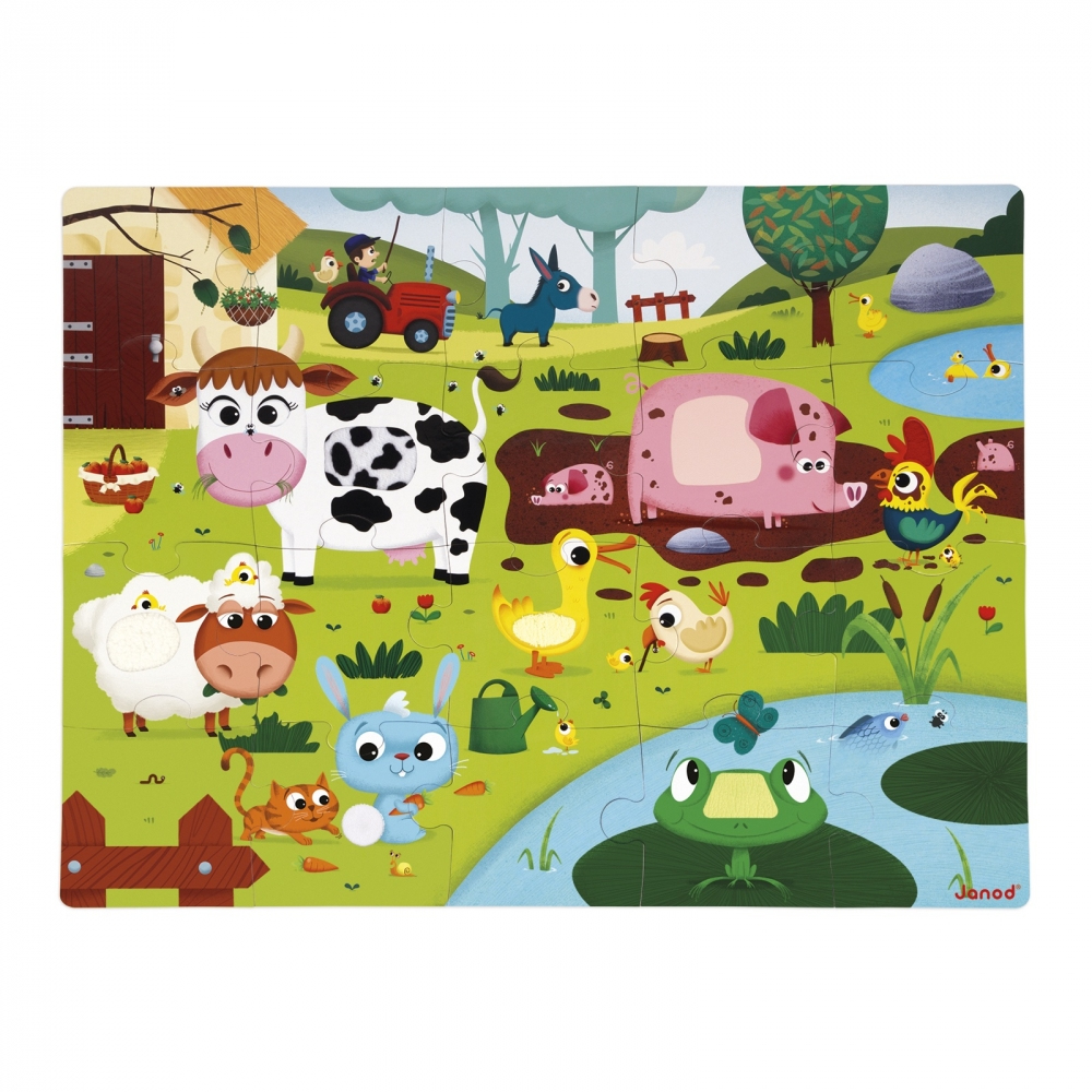 Puzzle z farmą: krowa, świnia, owca, osioł, traktor, kura, kaczka, żaba i inne w zielonym otoczeniu.
