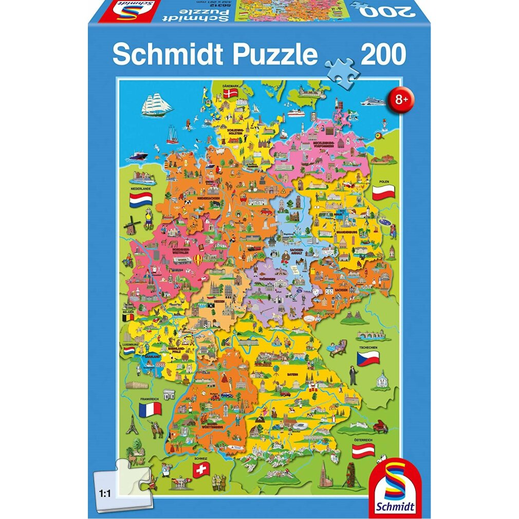 Eine Schmidt Puzzle-Box zeigt eine Deutschlandkarte mit farbenfrohen Regionen, Flaggen und Wahrzeichen, für Kinder ab 8 Jahren.