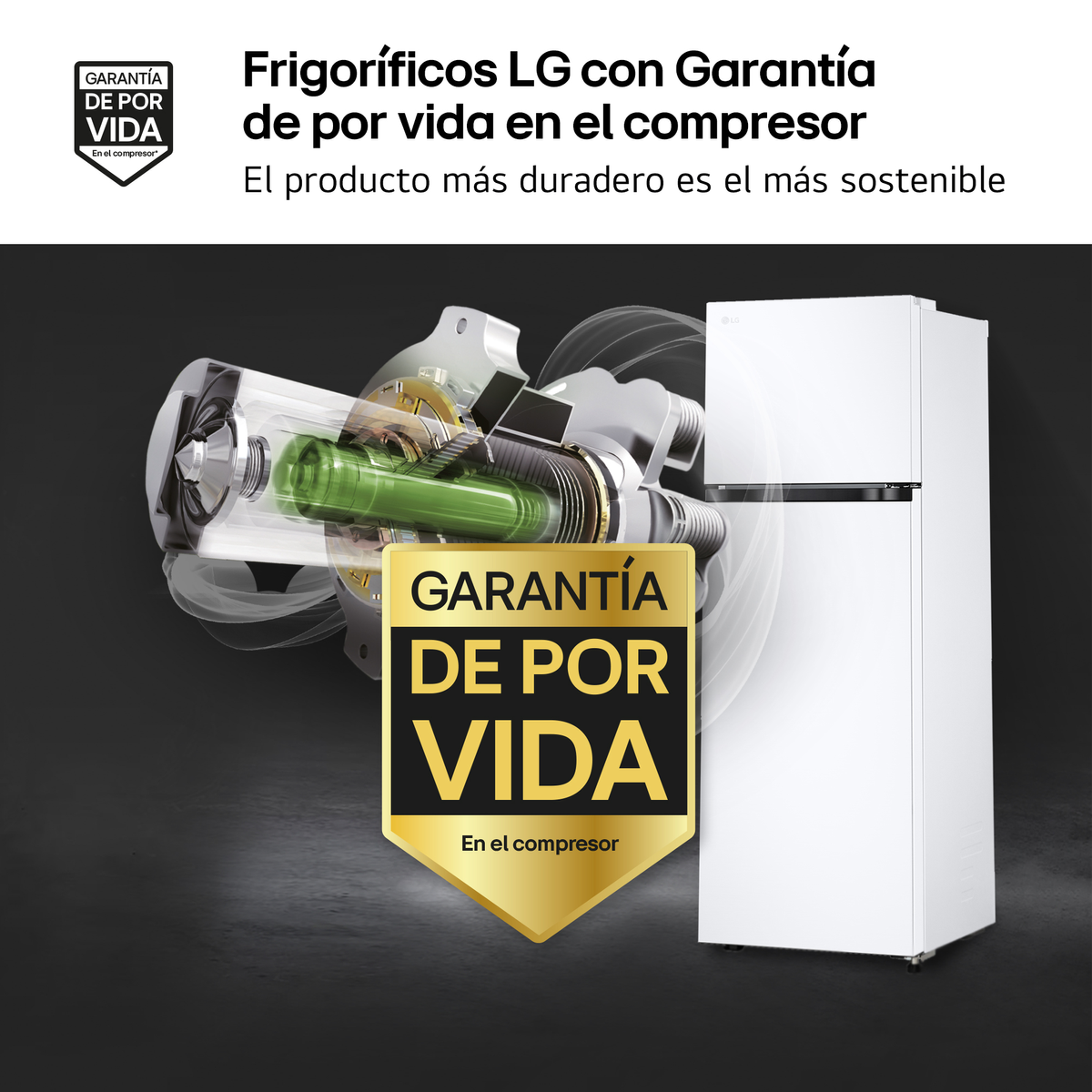 Un frigorifero LG bianco con testo 'GARANTÍA DE POR VIDA' e dettaglio trasparente del compressore, su sfondo scuro.