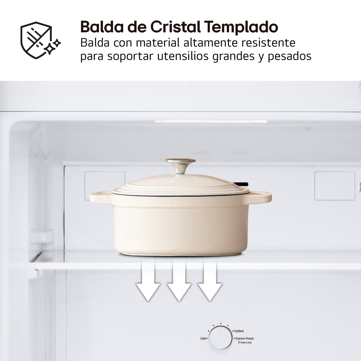 Una pentola color crema con coperchio è su un ripiano all'interno di un frigorifero. Le frecce puntano verso il basso. Un quadrante mostra le impostazioni del freddo.