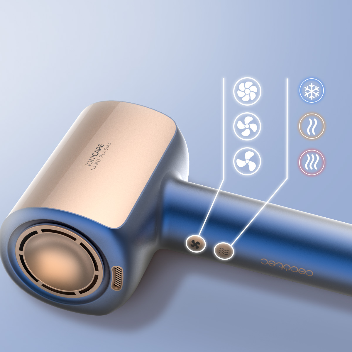 Un secador de pelo azul y dorado con iconos de función se muestra sobre un fondo azul. El secador tiene la marca Ionnicare.