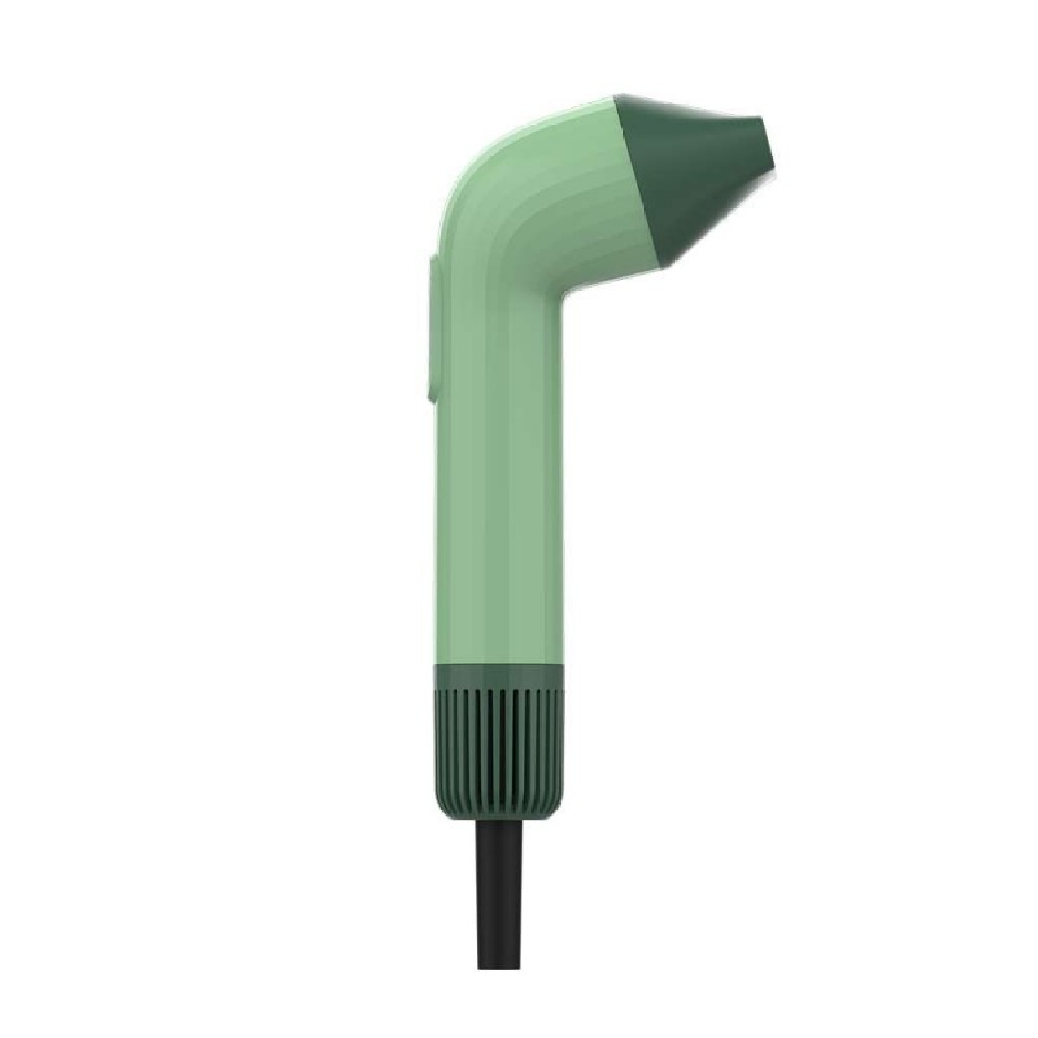 Un dispositivo portatile verde e verde scuro con stelo nero. Ha un ugello e un fondo scanalato. Sfondo bianco.