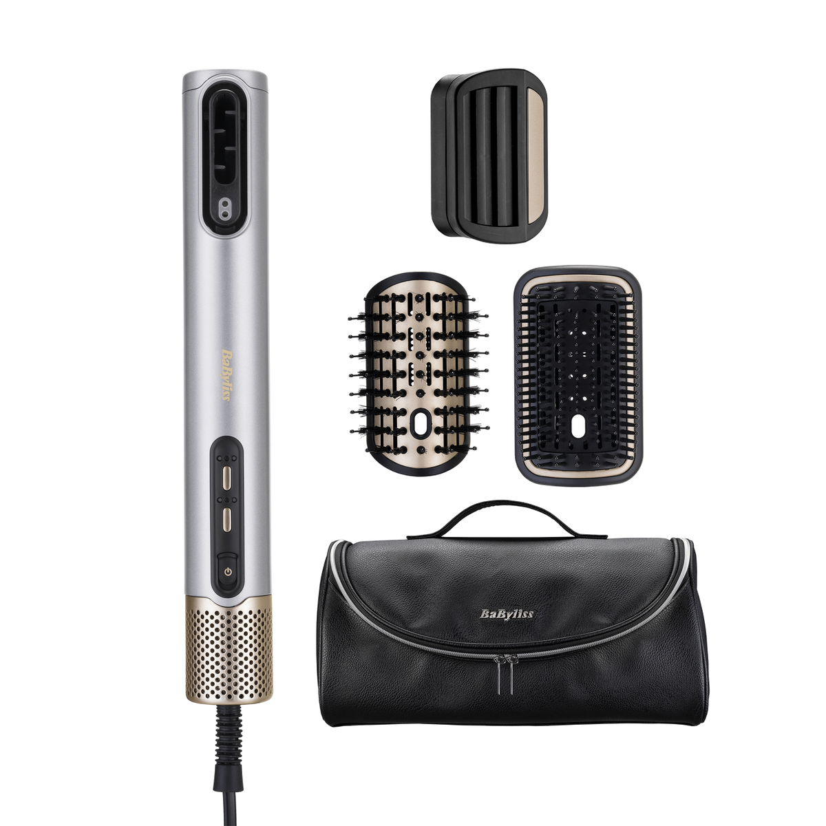 Srebrne i złote narzędzie do stylizacji włosów z nakładkami i czarną torbą podróżną. Narzędzie ma czarny kabel.