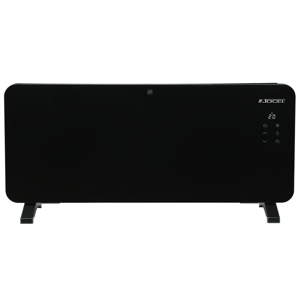 Un calentador eléctrico negro JOCEL con pantalla digital que muestra 20 grados. Tiene un botón de encendido, flechas y un símbolo de bloqueo.