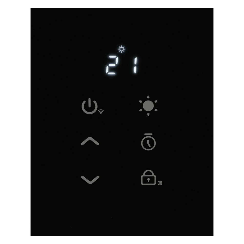 Panel negro con iconos blancos. Muestra la temperatura como 21. Tiene iconos de encendido, flechas, sol, reloj, candado y Wi-Fi.