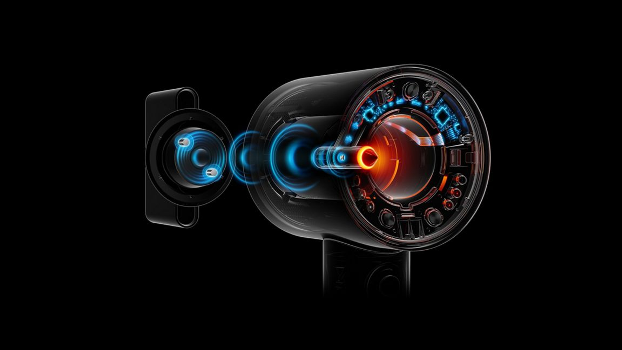 Schnittzeichnung eines schwarzen Haartrockners mit Innenteilen. Blaue und orange Lichteffekte heben den Luftstrom und den Motor hervor.