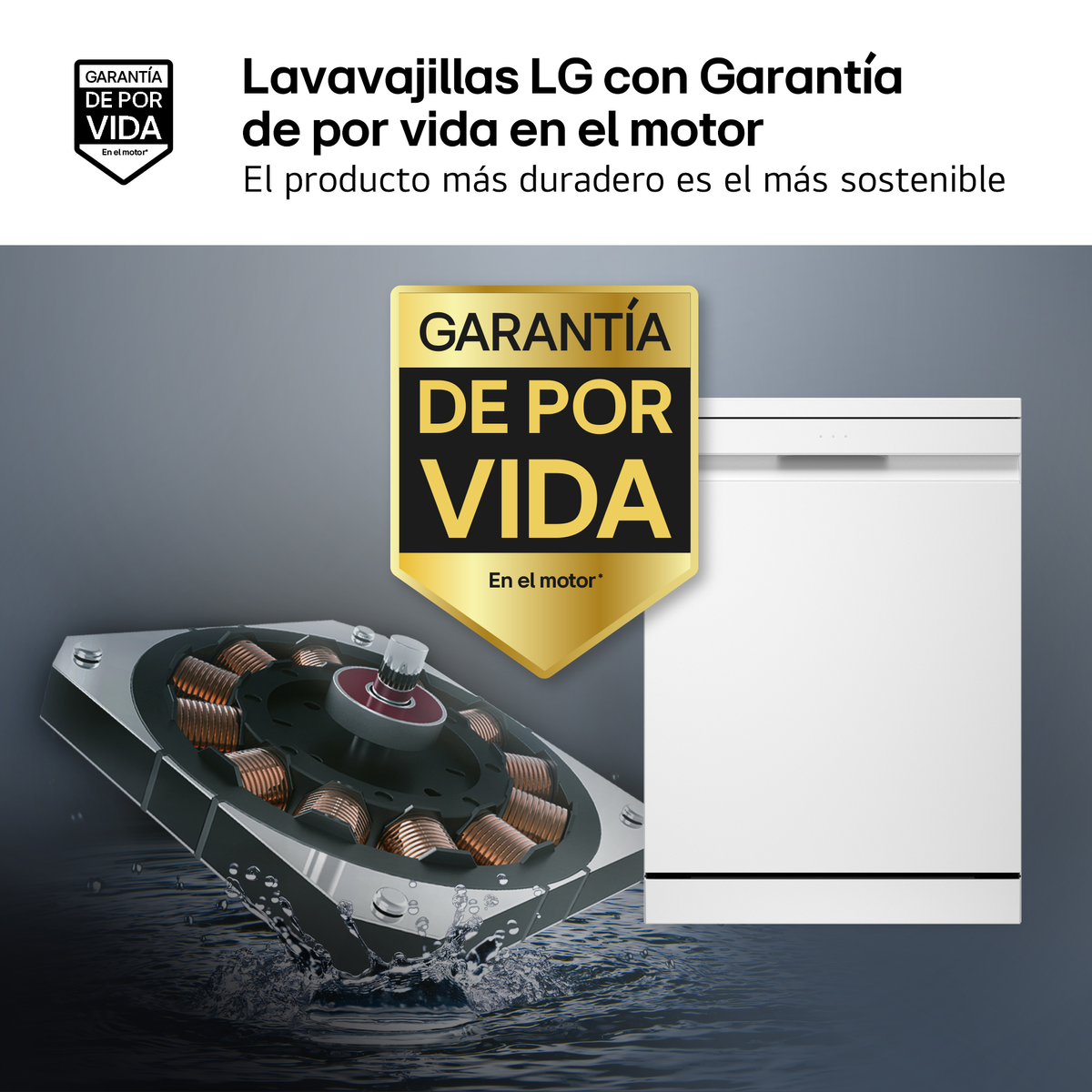 Un lavavajillas LG blanco con garantía de por vida, detalle del motor en primer plano y una insignia de garantía dorada.