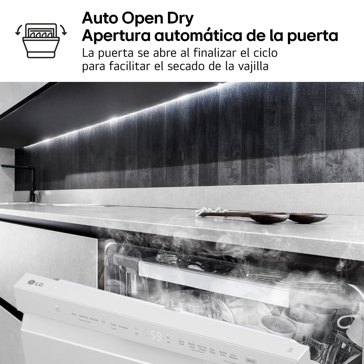Una lavastoviglie con la porta aperta che rilascia vapore. I piatti sono visibili all'interno. La scena è ambientata in una cucina moderna. Il testo dice asciugatura automatica.