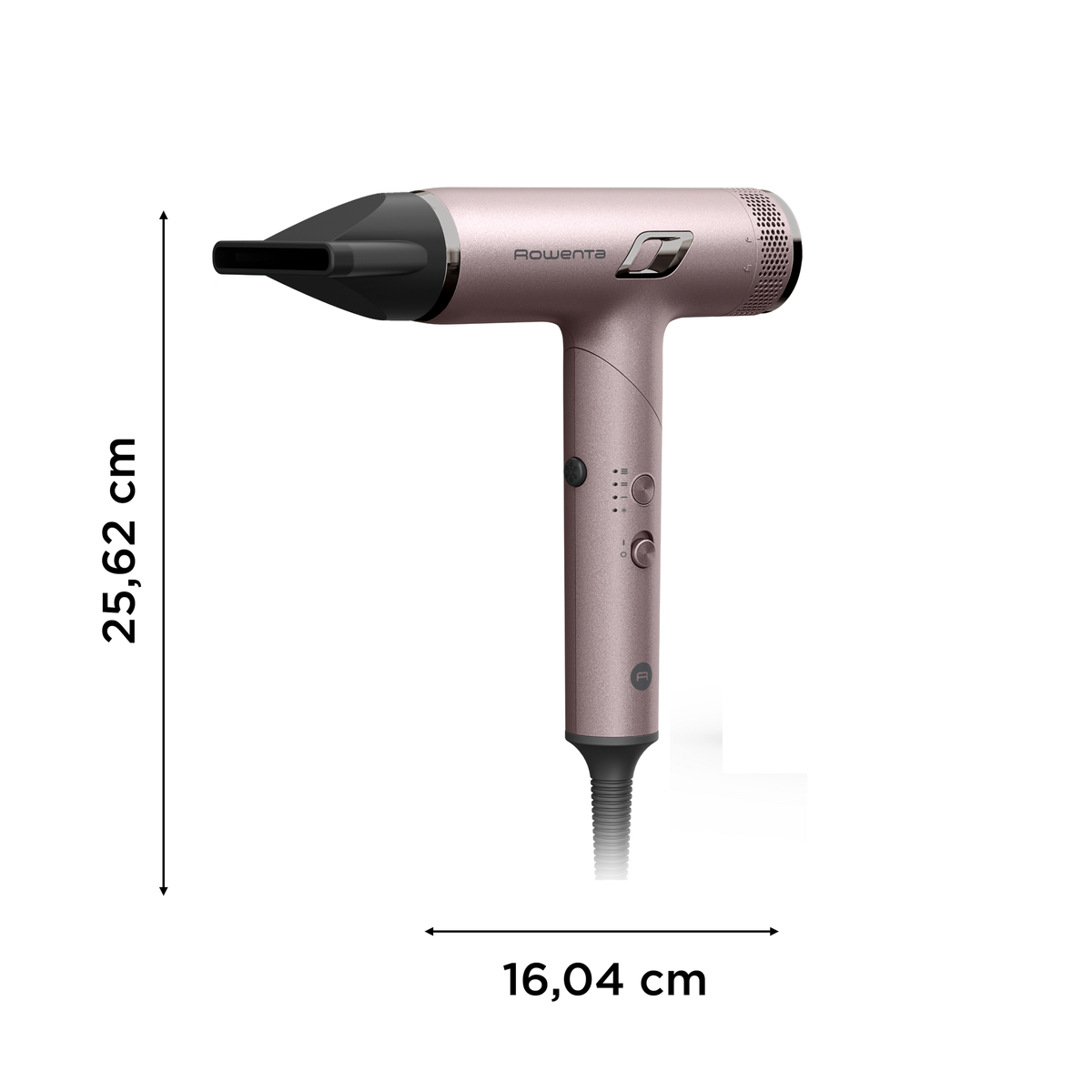 Un asciugacapelli Rowenta oro rosa con ugello nero è mostrato su sfondo bianco. Dimensioni: 25,62 cm di altezza, 16,04 cm di larghezza.