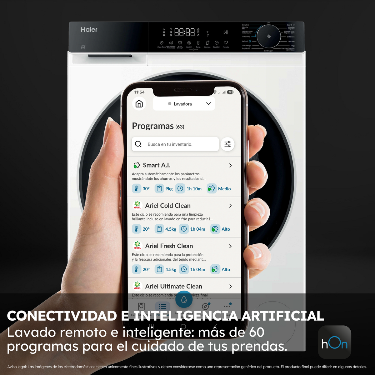Lavadora con teléfono mostrando programas de lavado. Texto: Conectividad e Inteligencia Artificial.