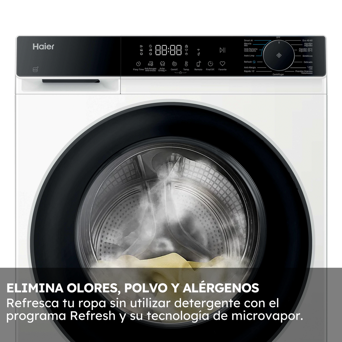 Una lavadora Haier blanca. La puerta está abierta, sale vapor. Texto abajo: 'Elimina olores, polvo y alérgenos'.