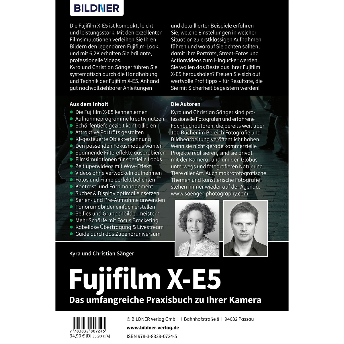 Buchcover: Fujifilm X-E5 Kameraführer. Porträts der Autoren und eine Liste der Funktionen sind sichtbar.