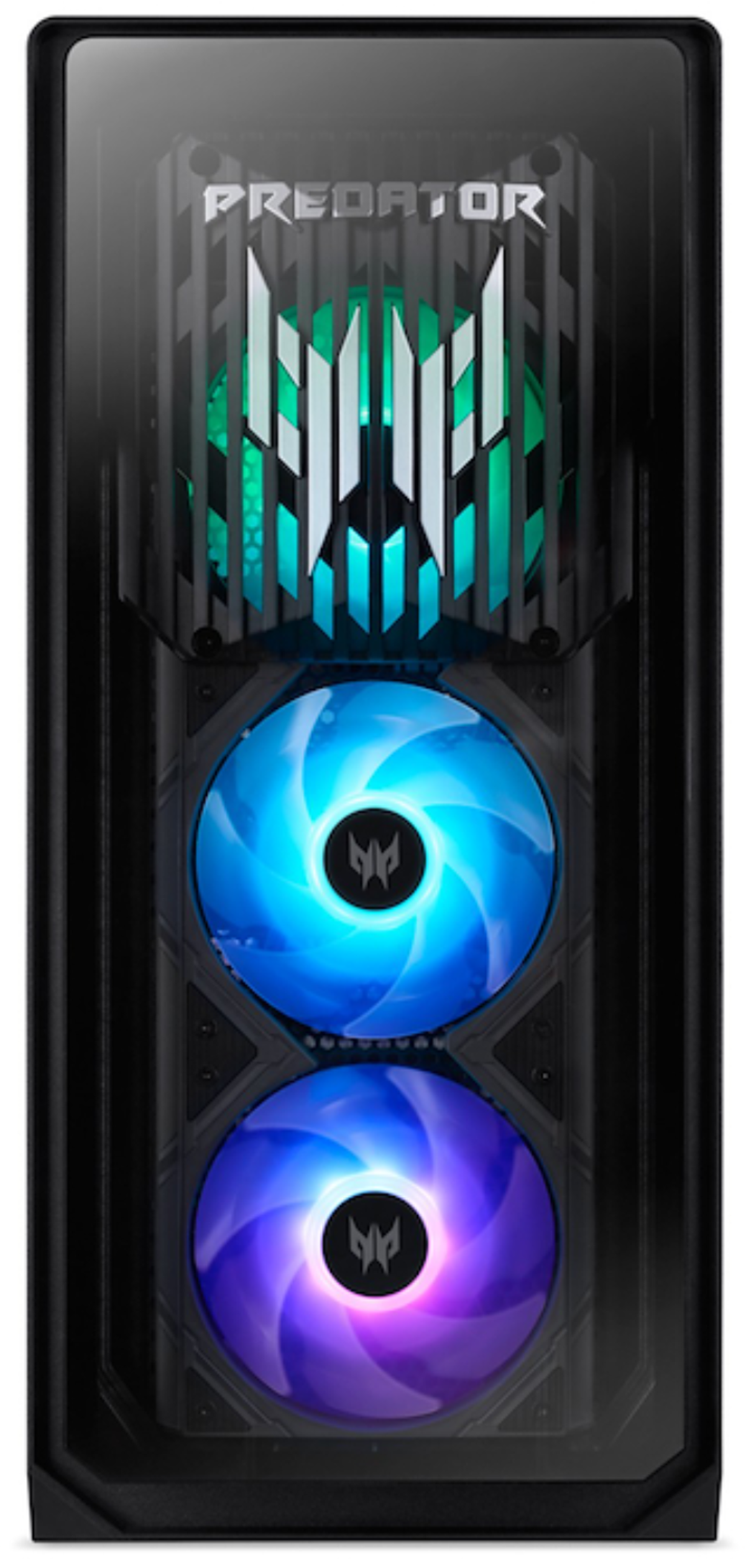 Una carcasa de ordenador con ventiladores. La carcasa es negra, con la palabra PREDATOR en la parte superior. Dos ventiladores son azules y morados.