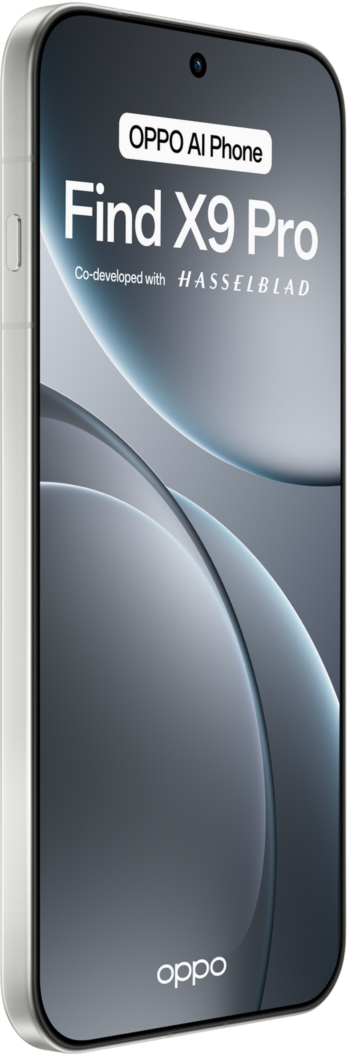 Telefon OPPO Find X9 Pro jest wyświetlany pod kątem. Posiada logo marki, a ekran wyświetla nazwę modelu telefonu.