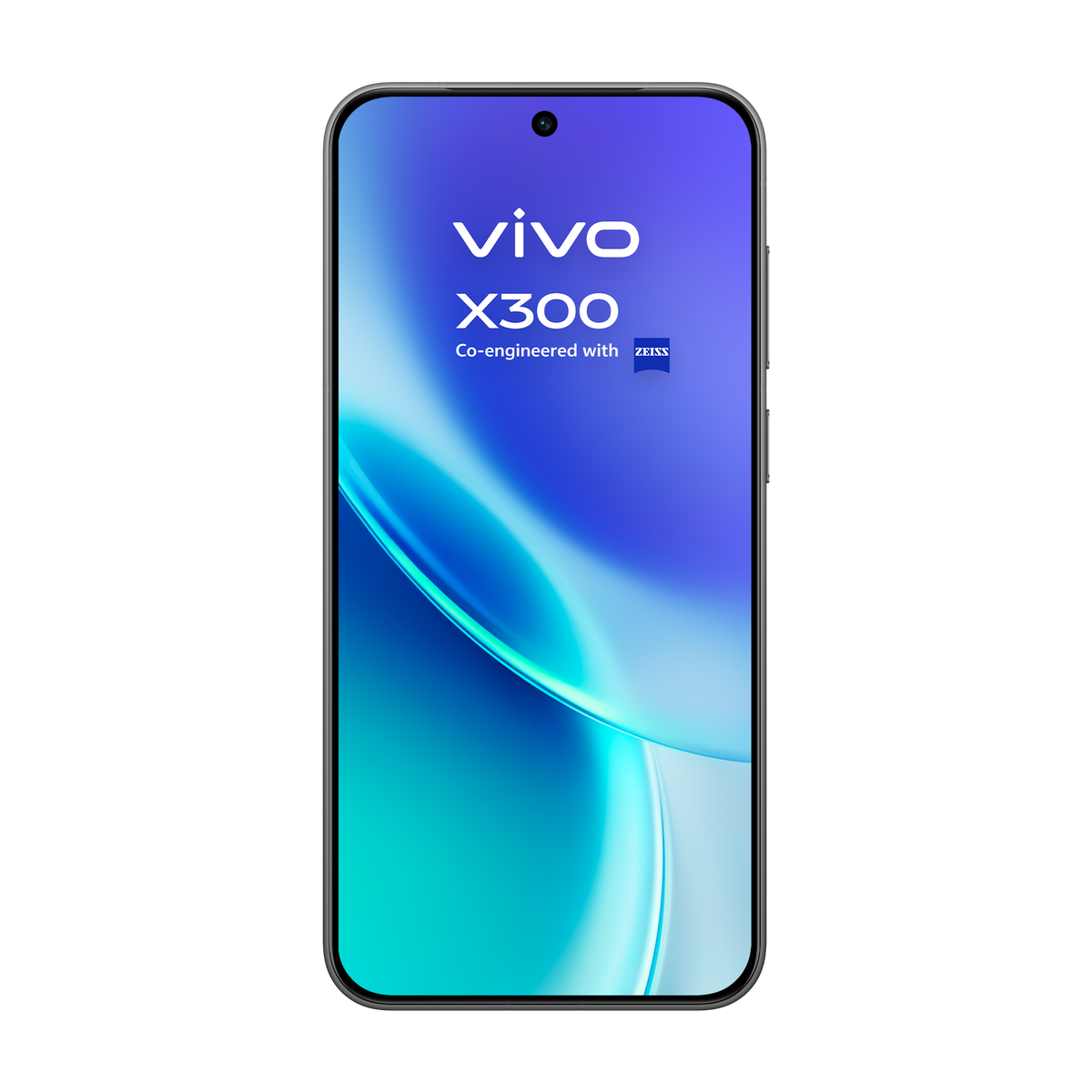 Ein Smartphone mit gebogenem Bildschirm zeigt einen blau-türkisen Farbverlauf. Das vivo X300 Logo ist sichtbar.