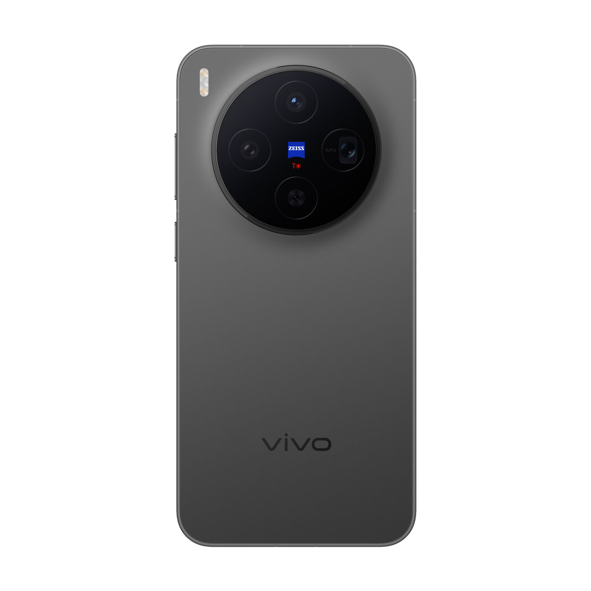 Ein graues Smartphone mit einem großen kreisförmigen Kameramodul. Das Modul enthält mehrere Linsen, das Zeiss-Logo und das Vivo-Logo.