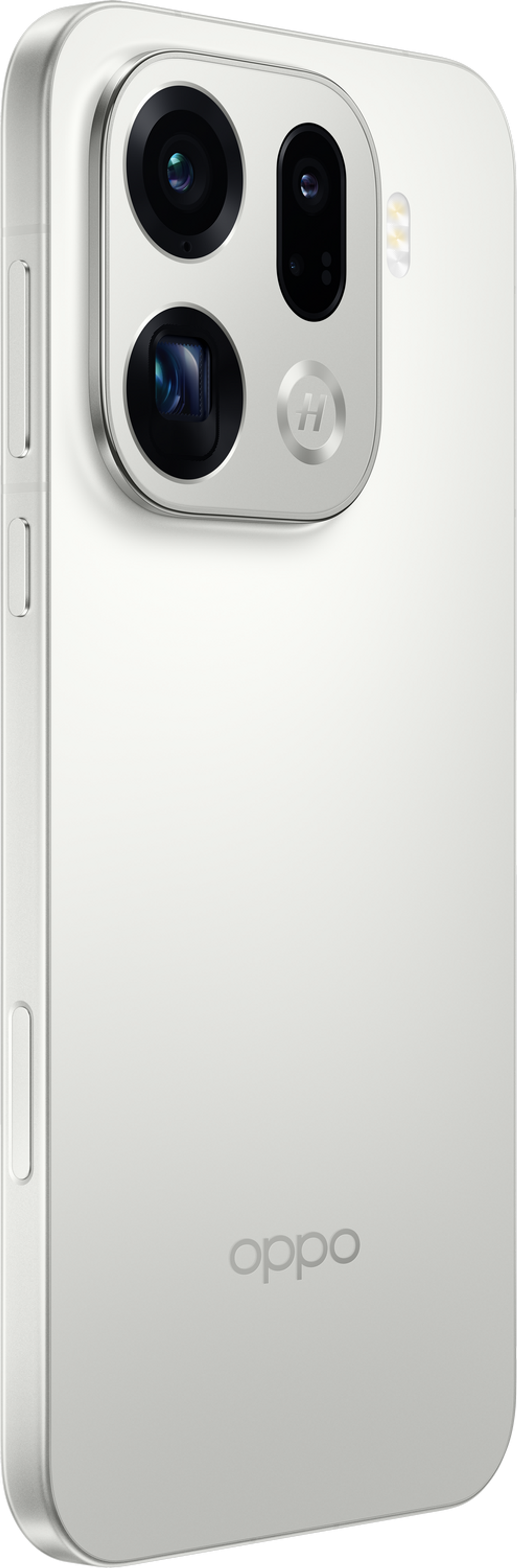 Biały telefon Oppo z modułem aparatu z trzema obiektywami i lampą błyskową. Widoczne logo Oppo.