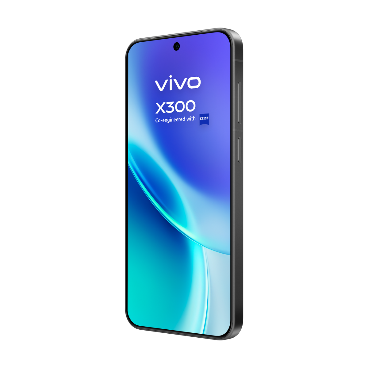 Ein Smartphone mit dem Vivo X300 Logo auf dem Bildschirm, zusammen mit Zeiss. Das Telefon ist dunkelgrau, vor schwarzem Hintergrund.