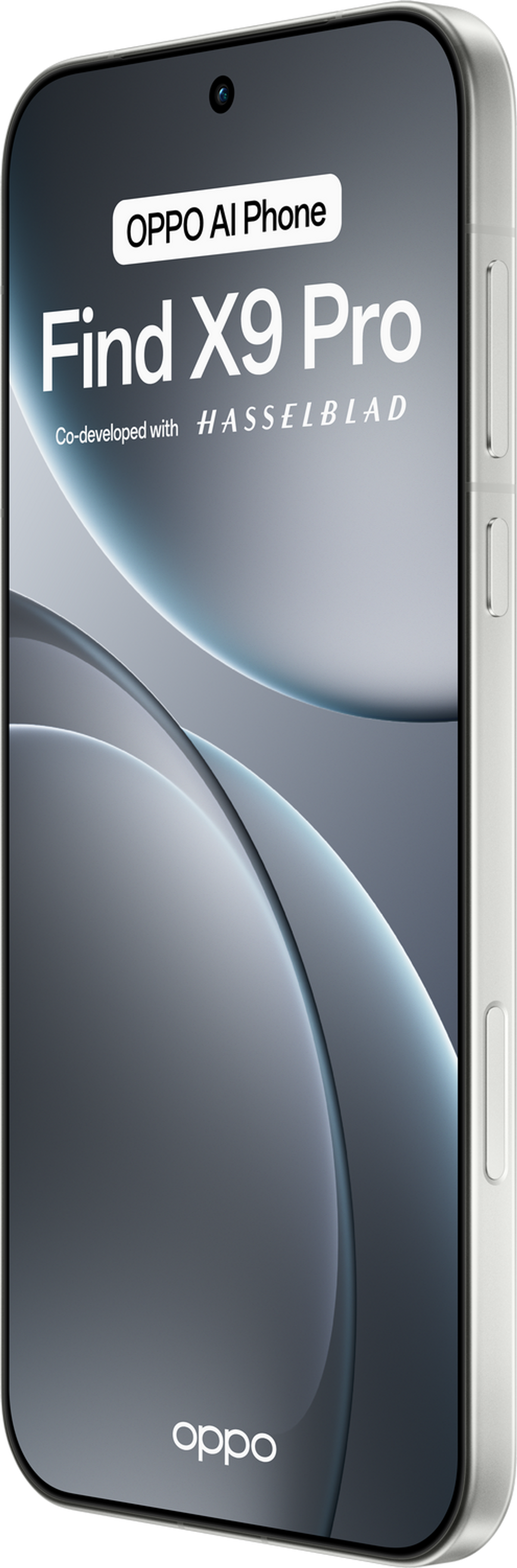 Telefon Oppo Find X9 Pro. Ekran wyświetla nazwę i szczegóły telefonu. Tło pokazuje zakrzywiony wzór.