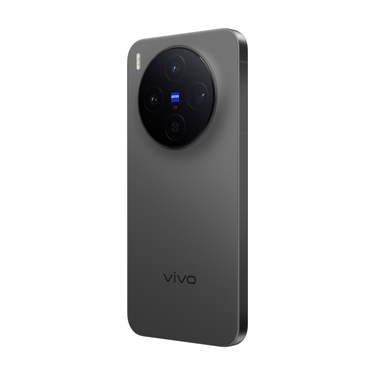 Ein graues Vivo-Smartphone. Es hat ein großes kreisförmiges Kameramodul mit Zeiss-Branding. Das Telefon befindet sich auf schwarzem Hintergrund.