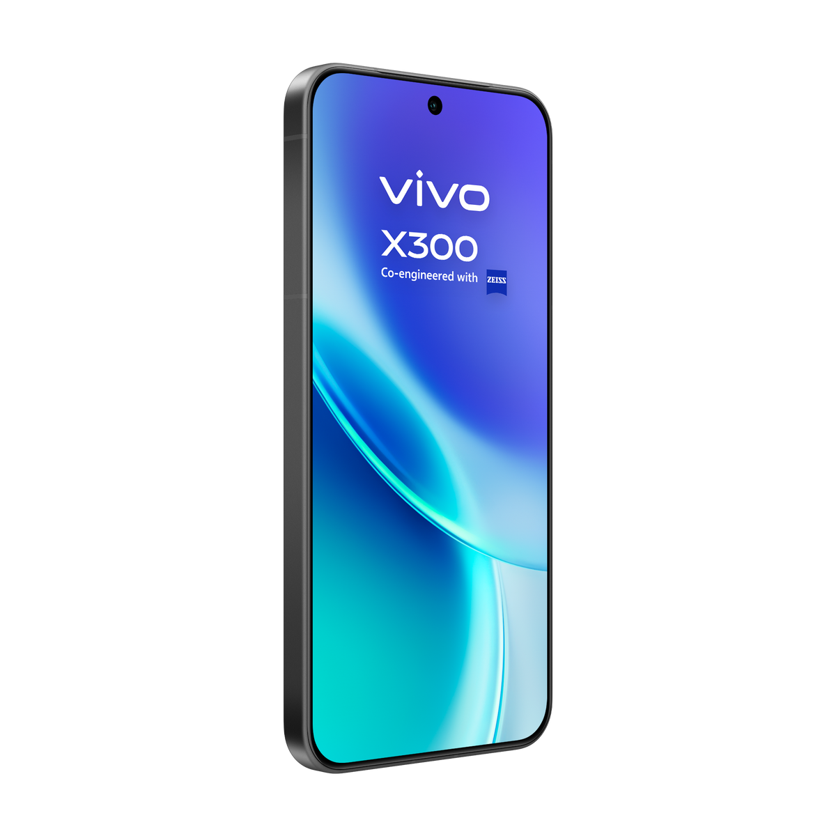 Ein Smartphone mit gebogenem Bildschirm zeigt das Vivo X300-Logo, mit Zeiss zusammen entwickelt. Das Telefon hat einen schwarzen Rahmen auf schwarzem Hintergrund.