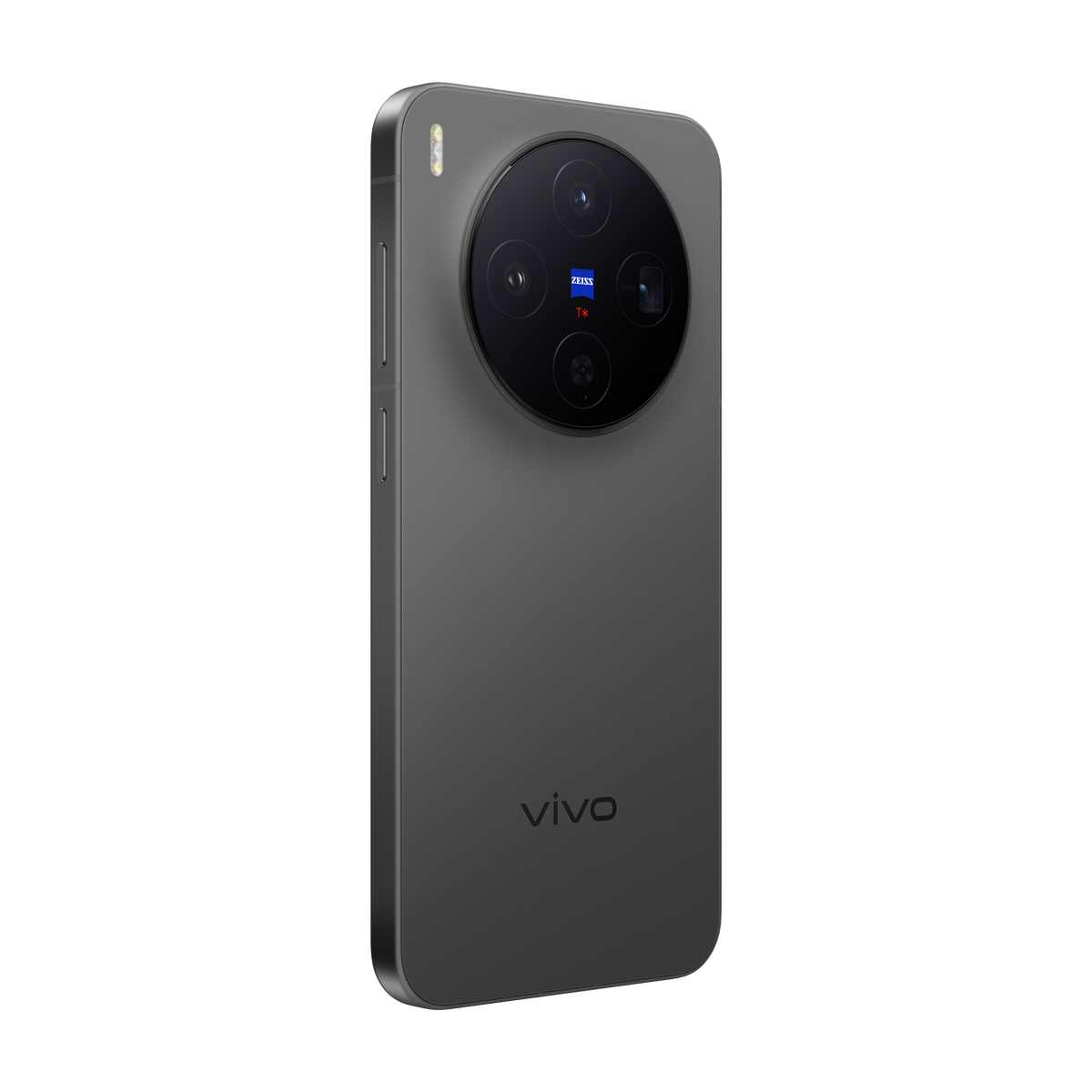 Graues Smartphone mit großem Kameramodul, Zeiss-Branding. Das Telefon hat das vivo-Logo. Der Hintergrund ist schwarz.