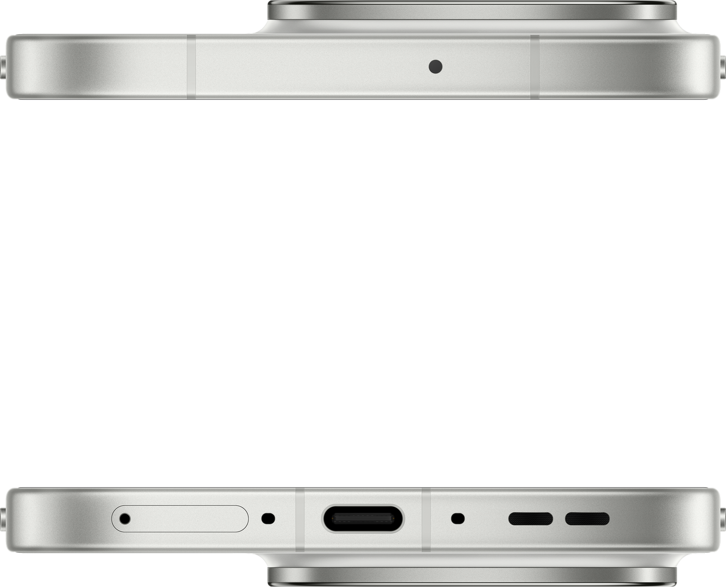 Obraz przedstawia górną i dolną krawędź srebrnego smartfona. Ma port USB-C, otwory głośnikowe i mikrofon.