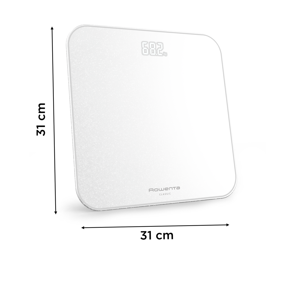 Eine weiße digitale Badezimmerwaage. Das Display zeigt 68,2 kg an. Die Waage ist 31 cm x 31 cm groß. Rowenta Classic ist aufgedruckt.