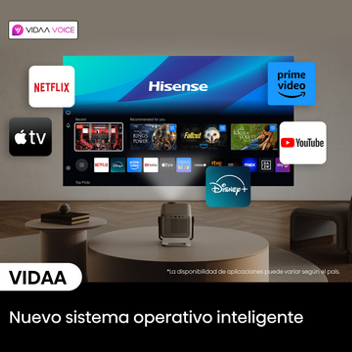 Telewizor Hisense wyświetla logo aplikacji streamingowych. Projektor stoi na stole. Słowo VIDA znajduje się na dole, a logo Netflix w lewym górnym rogu.