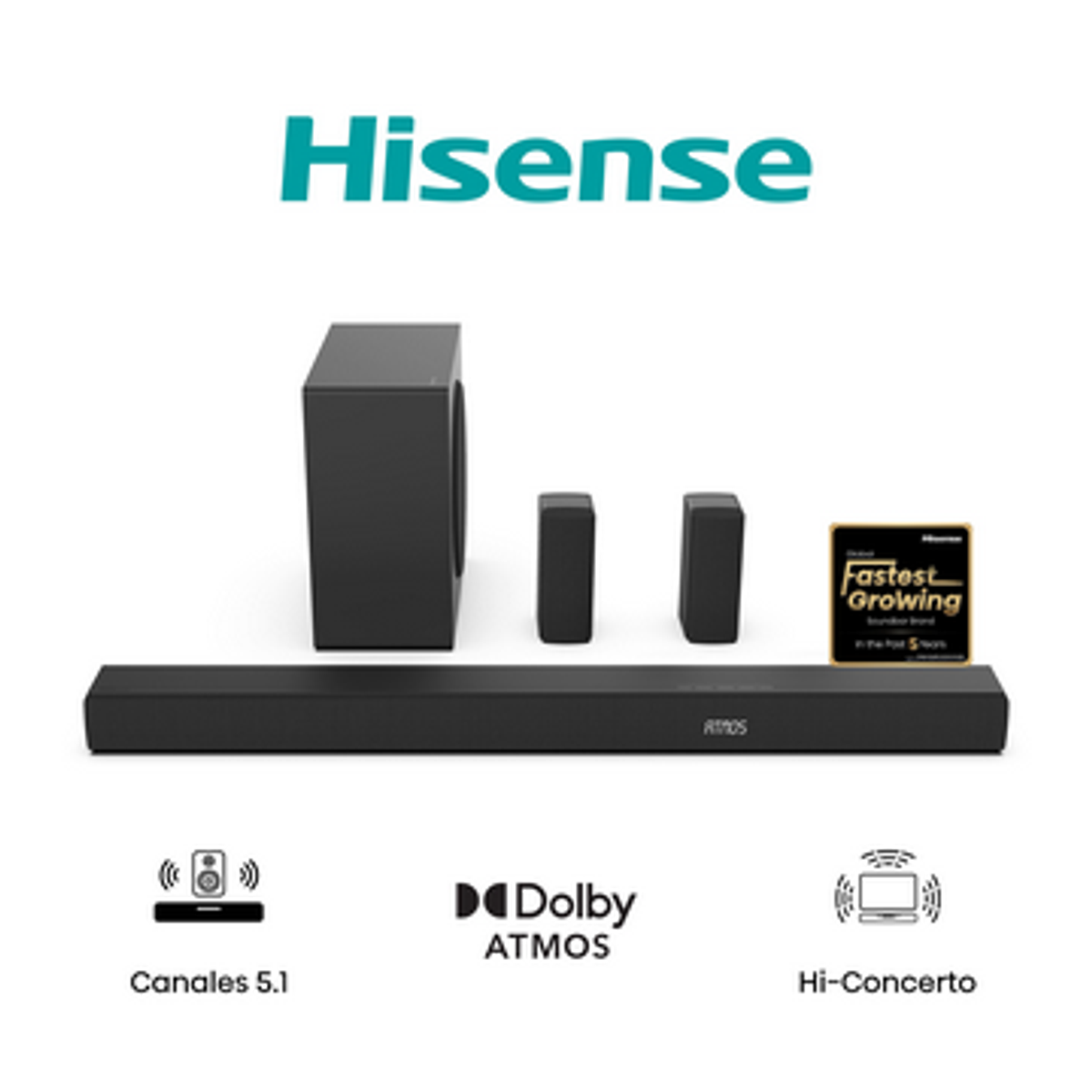 Un sistema de barra de sonido Hisense con subwoofer, dos altavoces pequeños y Dolby Atmos. El sistema es negro, con fondo blanco.