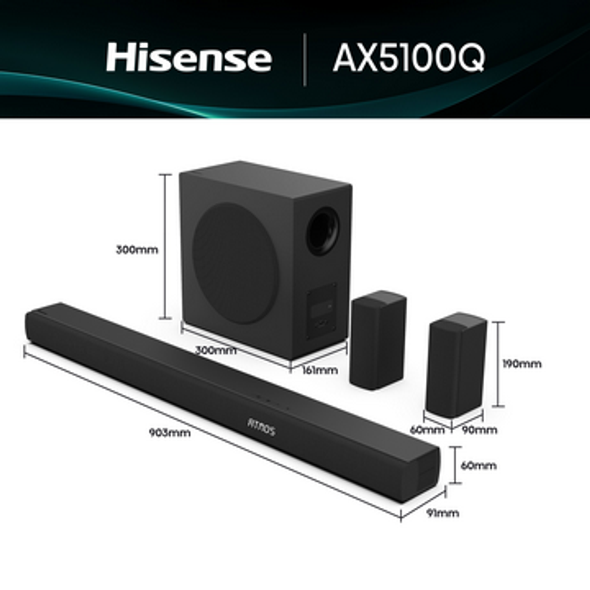 Se muestra un sistema de sonido Hisense AX5100Q negro. Incluye una barra de sonido, un subwoofer y dos altavoces satélite con indicadores de tamaño.